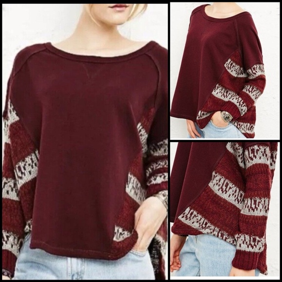 Free People Angel French Terry Knit Panel Burgundy Wool Alpaca Cotton Blend L - Picture 1 of 12